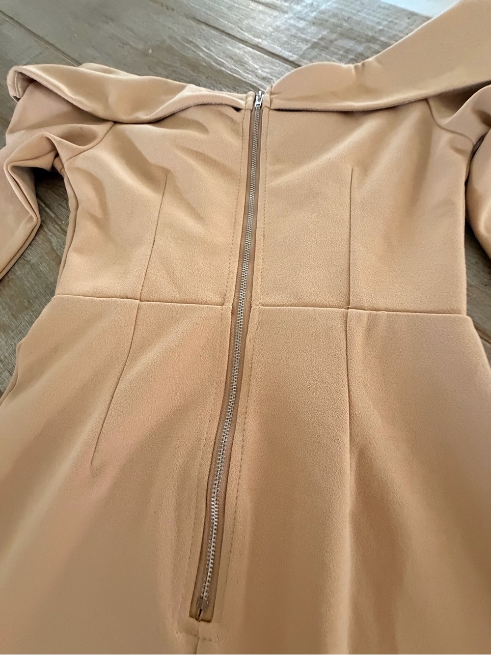 Off-Shoulder Tan Sheath Dress with Decorative Buttons - Picture 5 of 6
